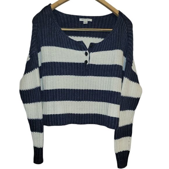 American Eagle Oversized Cropped Blue White Striped Chunky Knit Sweater XS - Picture 2 of 11